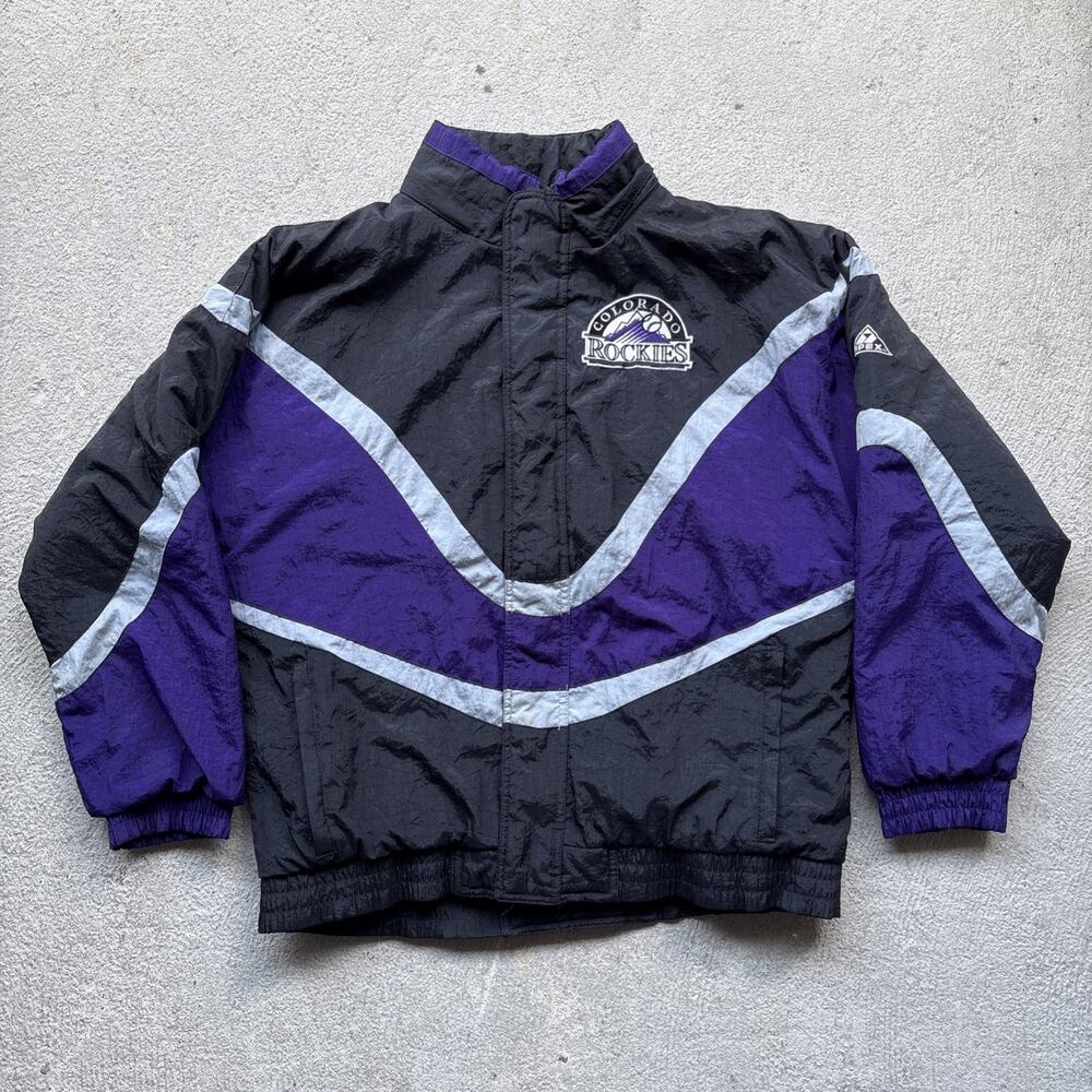 Vintage Colorado Rockies Jacket Black Purple Apex One Baseball MLB Missing Hood